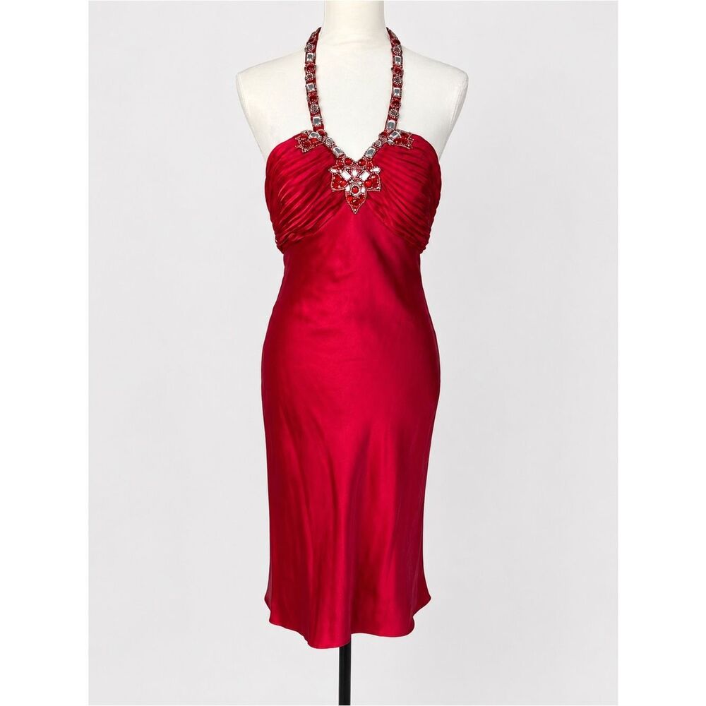 Vintage Morgan & Co Red Satin Beaded Dress Women’s S Halter Y2K Formal Prom Glam